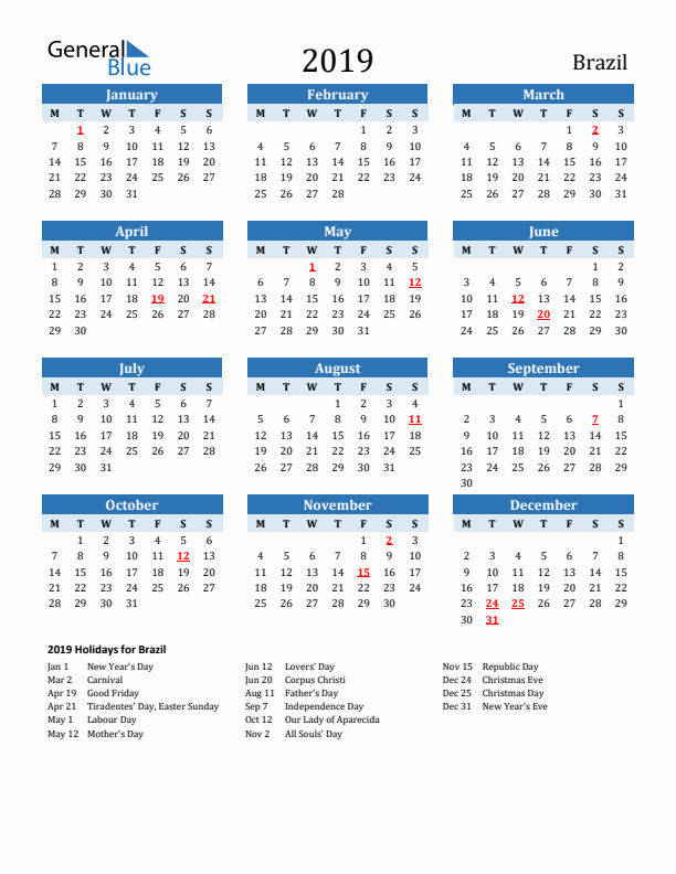 Printable Calendar 2019 with Brazil Holidays (Monday Start)