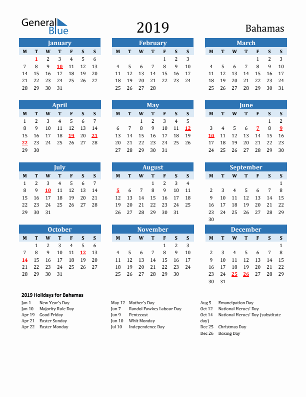 Printable Calendar 2019 with Bahamas Holidays (Monday Start)
