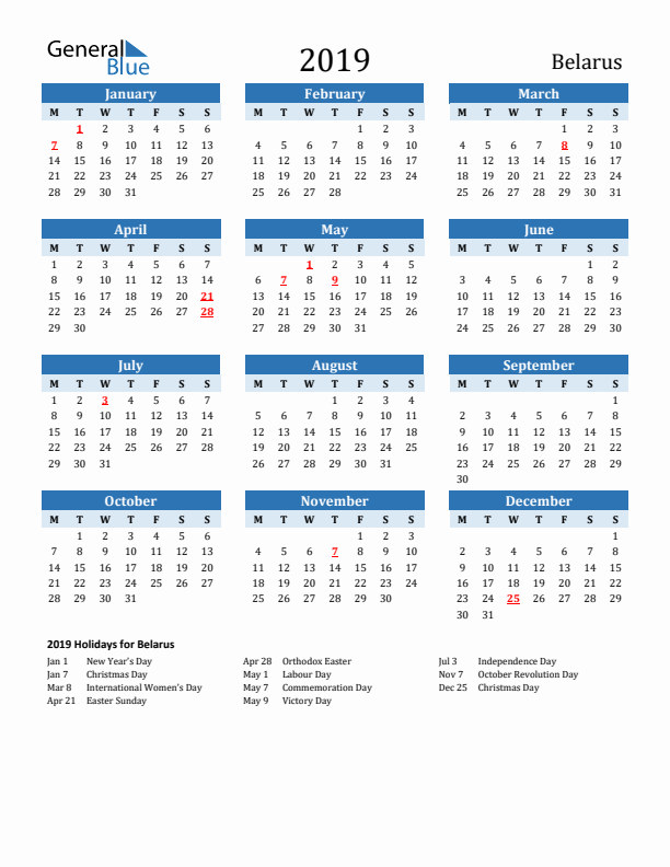 Printable Calendar 2019 with Belarus Holidays (Monday Start)