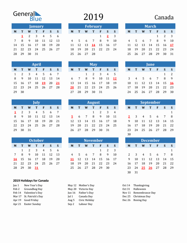 Printable Calendar 2019 with Canada Holidays (Monday Start)