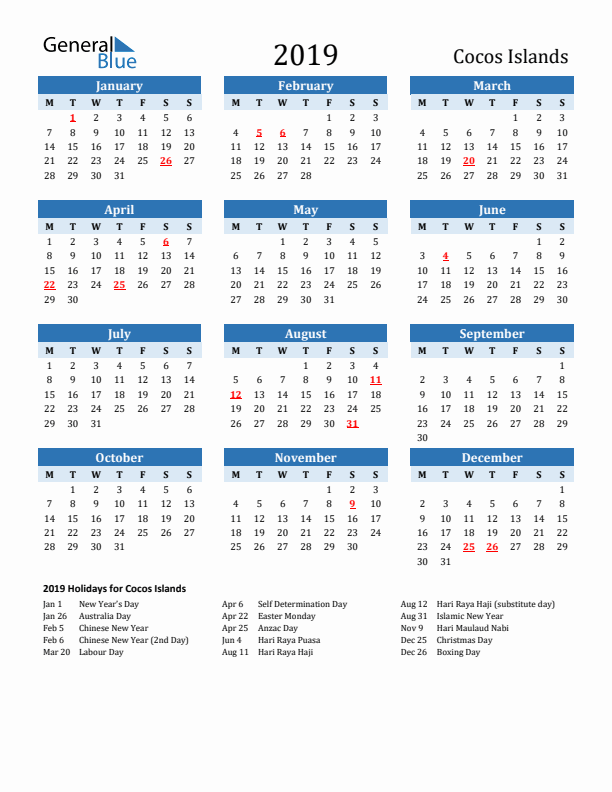 Printable Calendar 2019 with Cocos Islands Holidays (Monday Start)