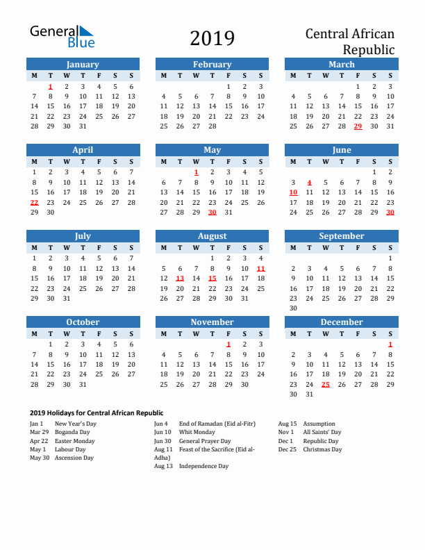 Printable Calendar 2019 with Central African Republic Holidays (Monday Start)