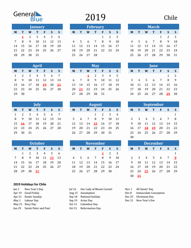Printable Calendar 2019 with Chile Holidays (Monday Start)