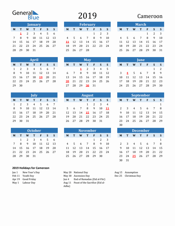 Printable Calendar 2019 with Cameroon Holidays (Monday Start)