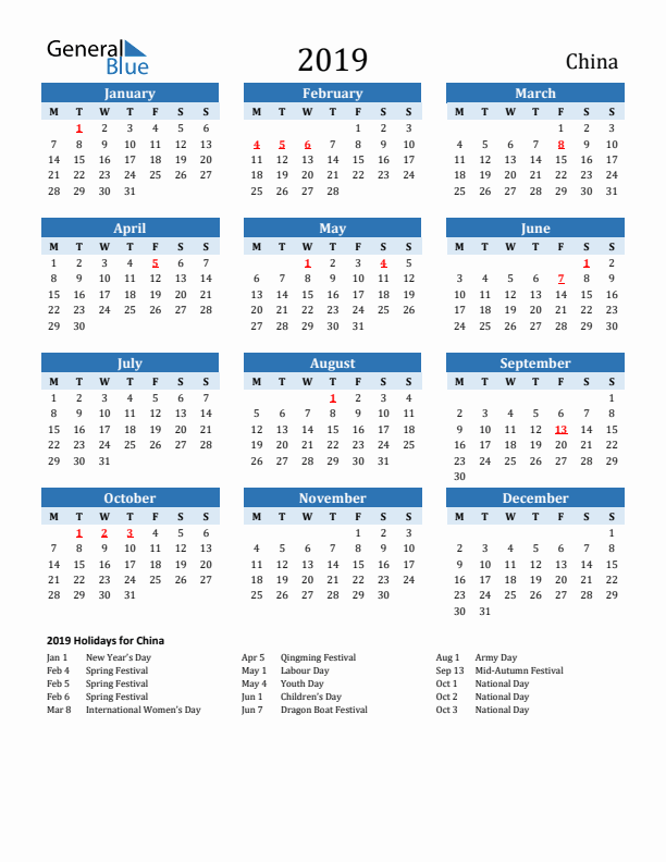 Printable Calendar 2019 with China Holidays (Monday Start)