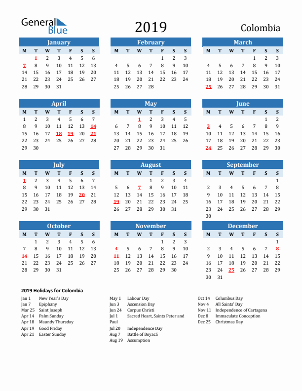 Printable Calendar 2019 with Colombia Holidays (Monday Start)