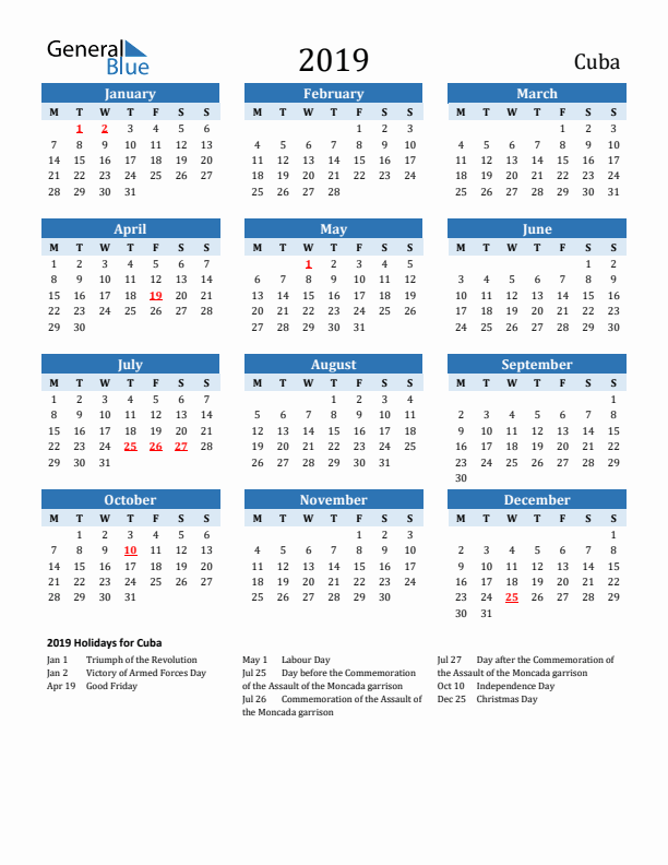 Printable Calendar 2019 with Cuba Holidays (Monday Start)