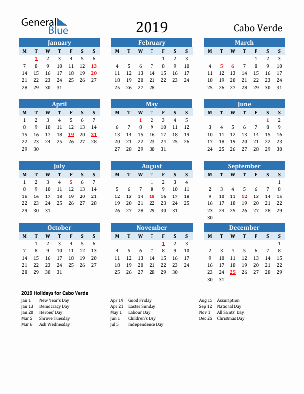 Printable Calendar 2019 with Cabo Verde Holidays (Monday Start)