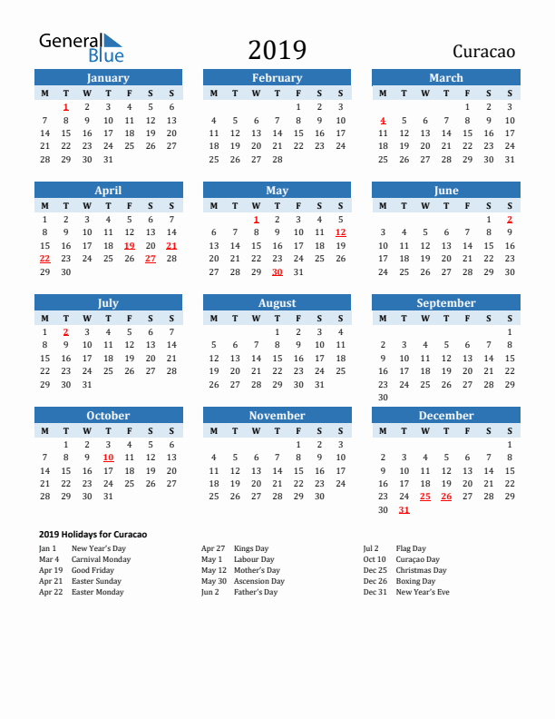 Printable Calendar 2019 with Curacao Holidays (Monday Start)