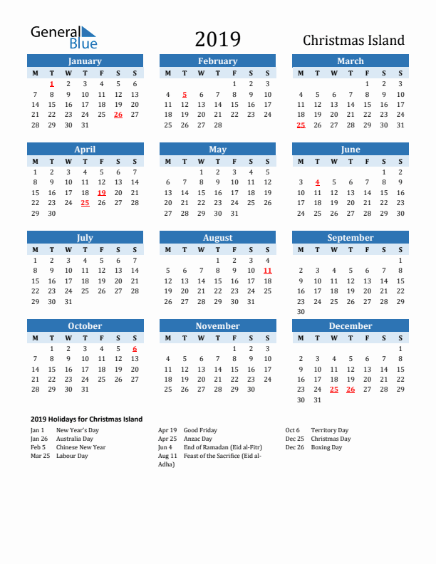 Printable Calendar 2019 with Christmas Island Holidays (Monday Start)