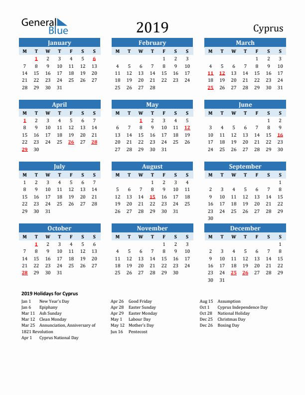 Printable Calendar 2019 with Cyprus Holidays (Monday Start)