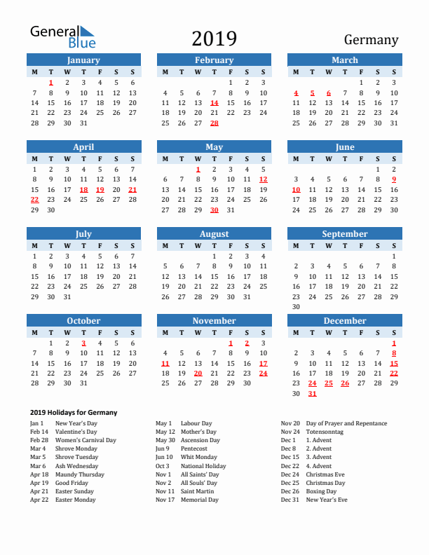 Printable Calendar 2019 with Germany Holidays (Monday Start)