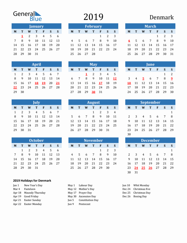 Printable Calendar 2019 with Denmark Holidays (Monday Start)