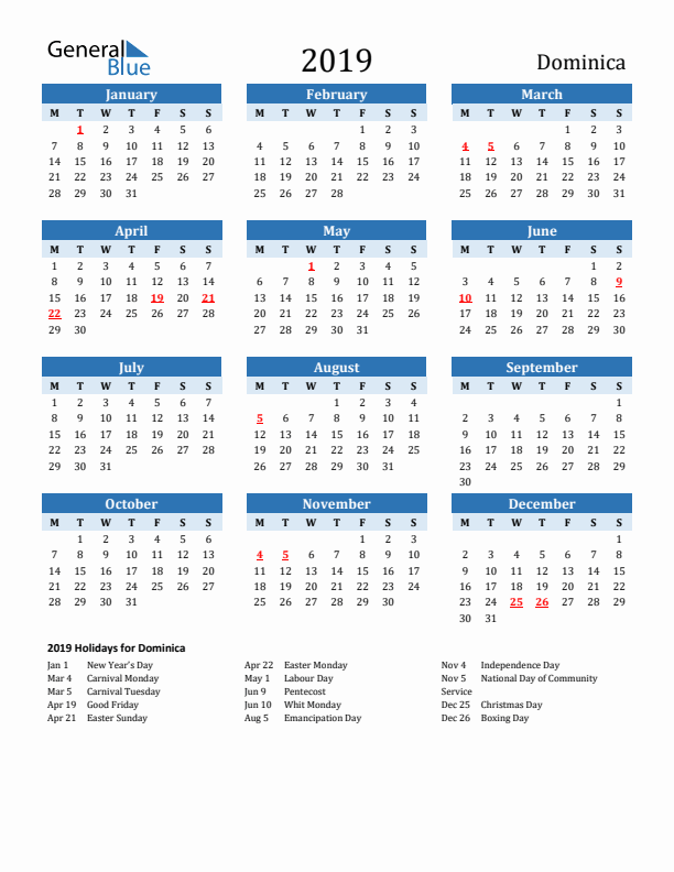 Printable Calendar 2019 with Dominica Holidays (Monday Start)