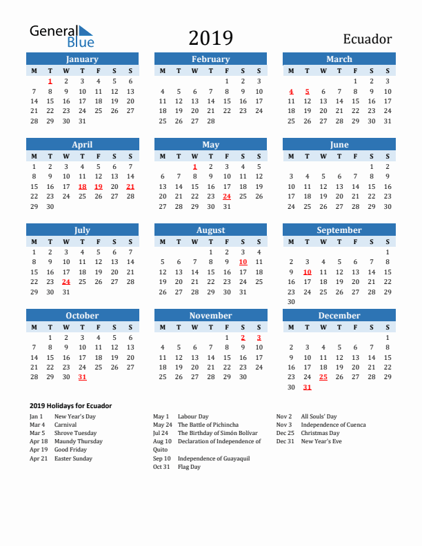 Printable Calendar 2019 with Ecuador Holidays (Monday Start)