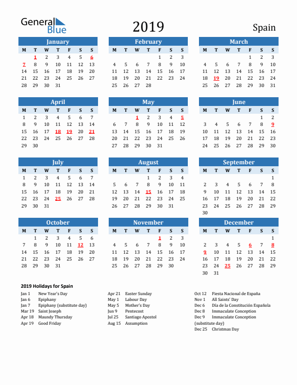Printable Calendar 2019 with Spain Holidays (Monday Start)