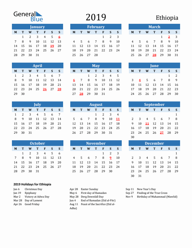 Printable Calendar 2019 with Ethiopia Holidays (Monday Start)