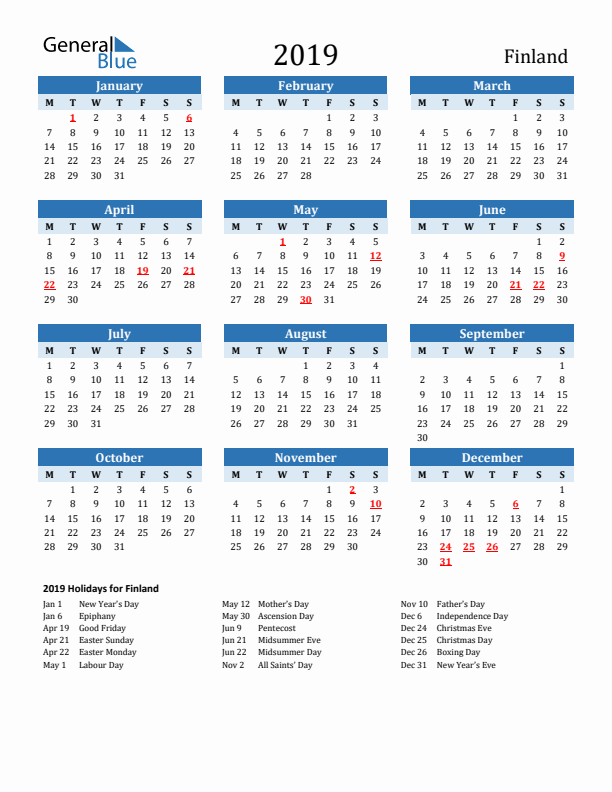 Printable Calendar 2019 with Finland Holidays (Monday Start)