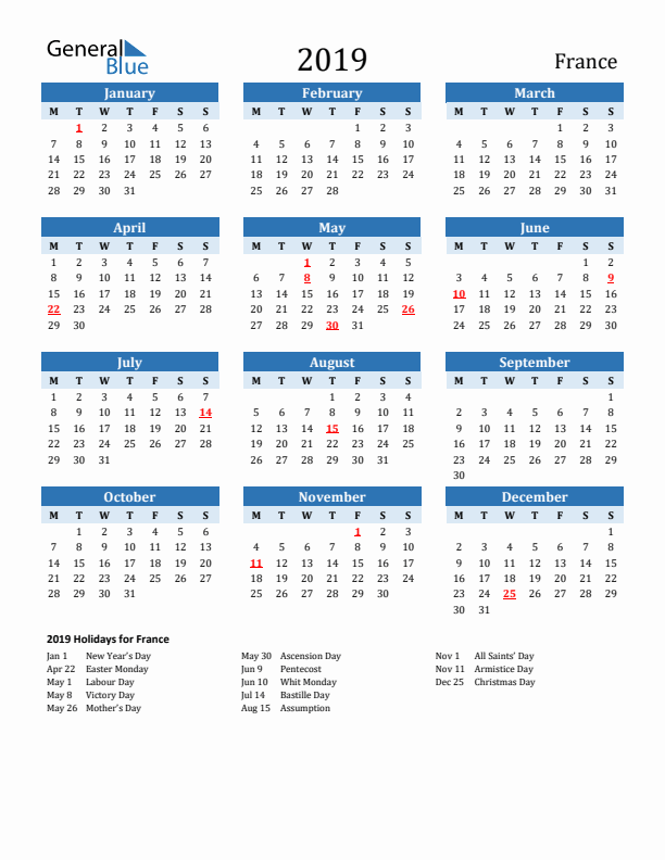 Printable Calendar 2019 with France Holidays (Monday Start)