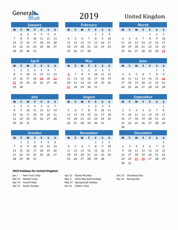 Printable Calendar 2019 with United Kingdom Holidays (Monday Start)