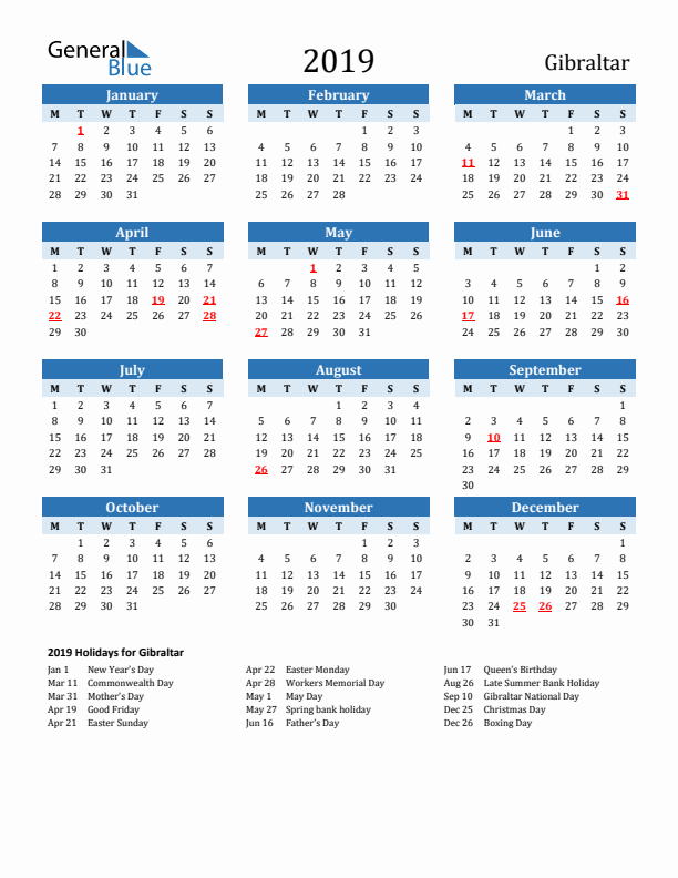 Printable Calendar 2019 with Gibraltar Holidays (Monday Start)
