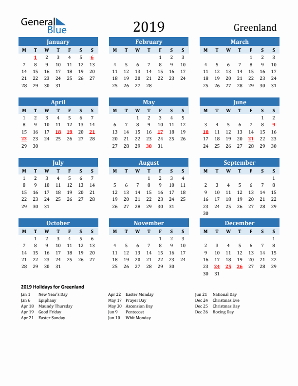 Printable Calendar 2019 with Greenland Holidays (Monday Start)