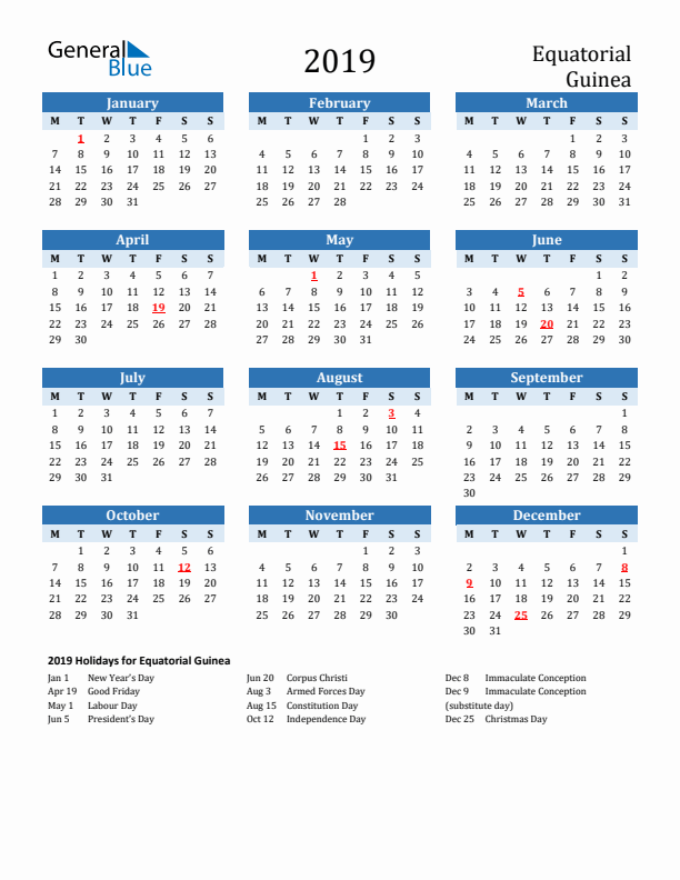 Printable Calendar 2019 with Equatorial Guinea Holidays (Monday Start)