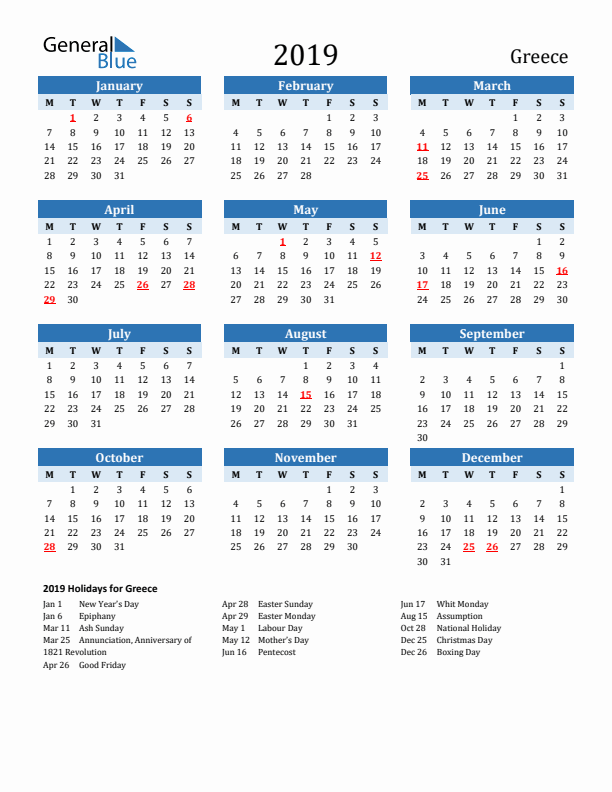 Printable Calendar 2019 with Greece Holidays (Monday Start)