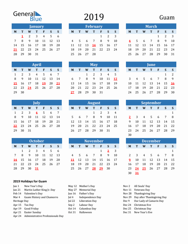 Printable Calendar 2019 with Guam Holidays (Monday Start)