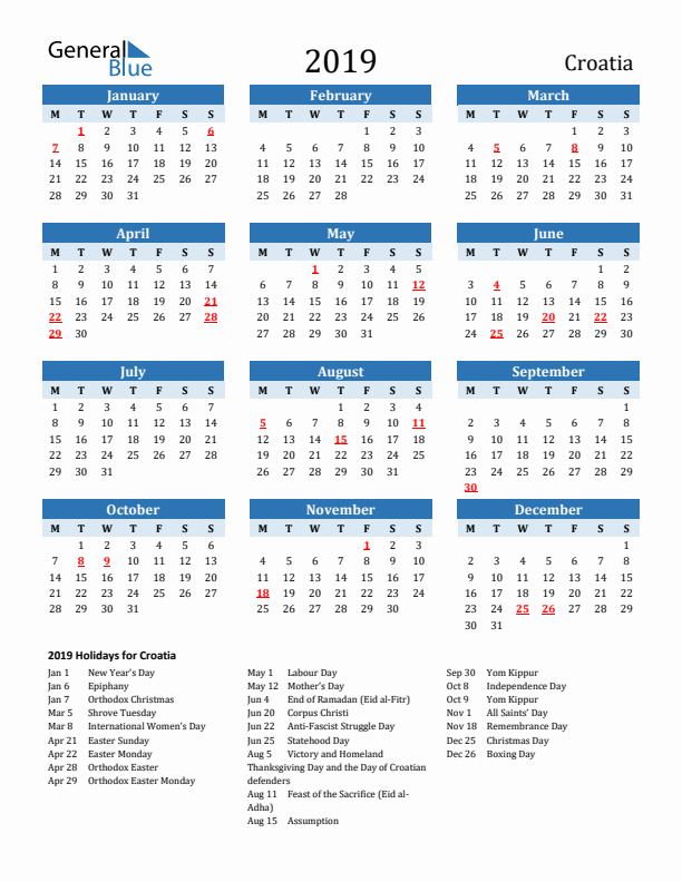 Printable Calendar 2019 with Croatia Holidays (Monday Start)