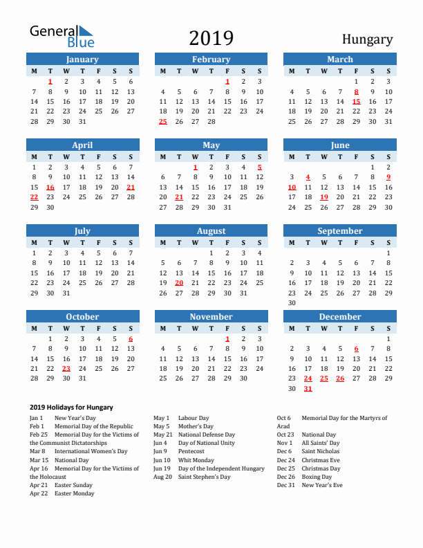 Printable Calendar 2019 with Hungary Holidays (Monday Start)