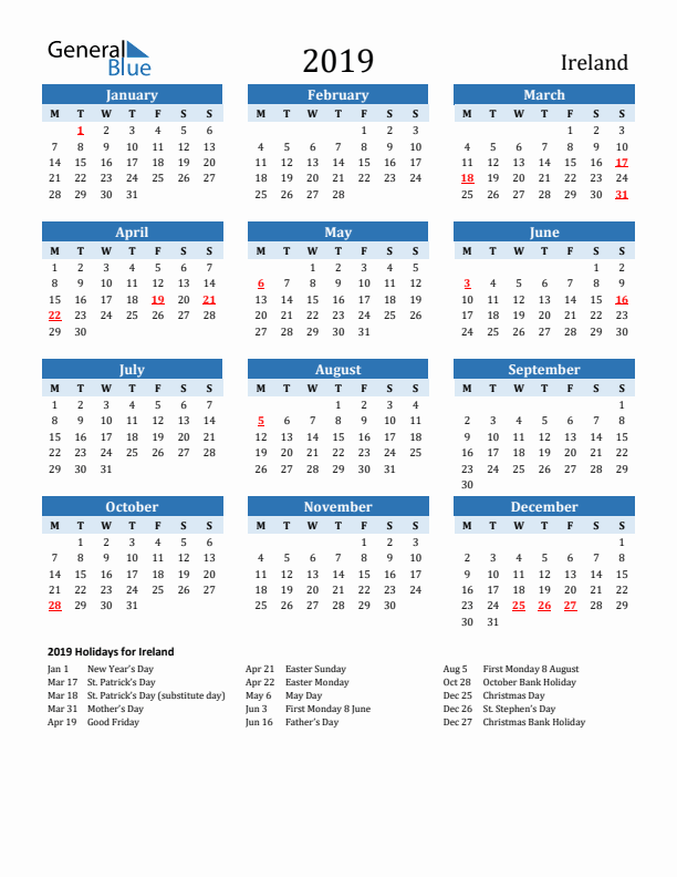 Printable Calendar 2019 with Ireland Holidays (Monday Start)