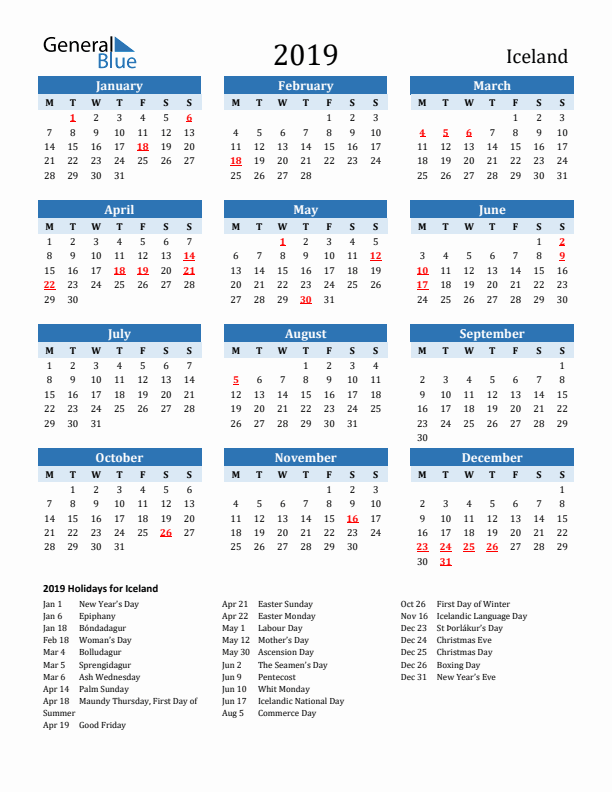Printable Calendar 2019 with Iceland Holidays (Monday Start)