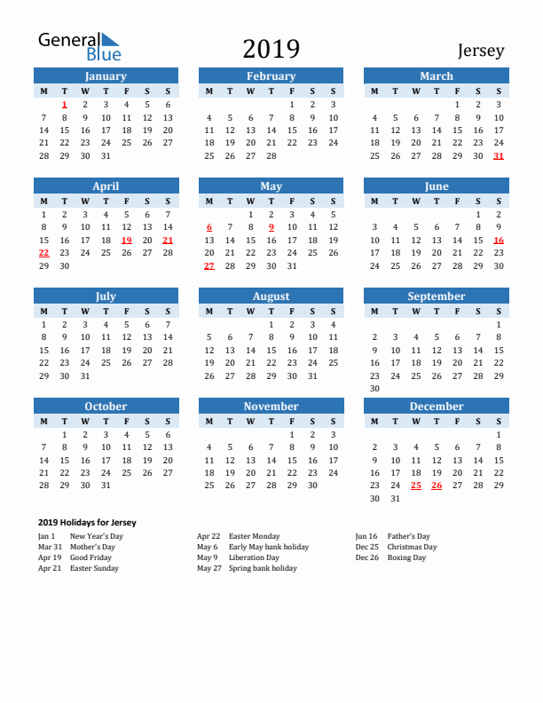 Printable Calendar 2019 with Jersey Holidays (Monday Start)