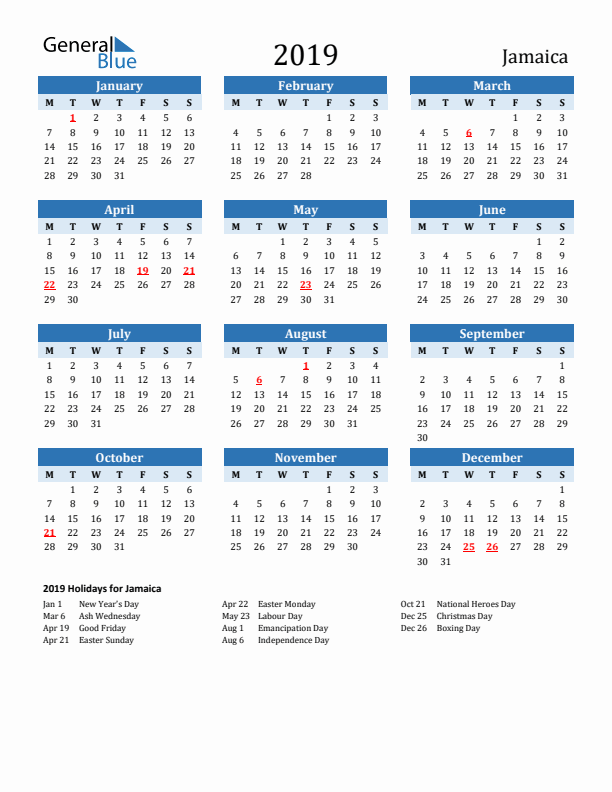 Printable Calendar 2019 with Jamaica Holidays (Monday Start)