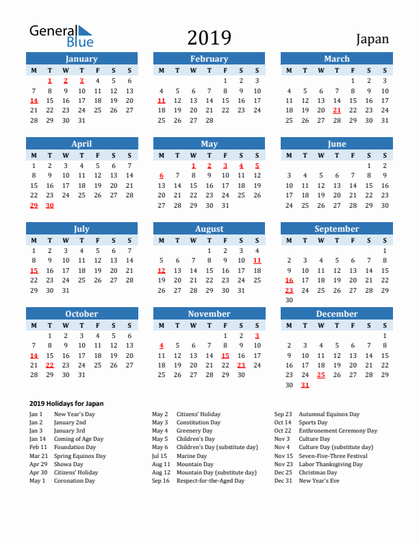 Printable Calendar 2019 with Japan Holidays (Monday Start)