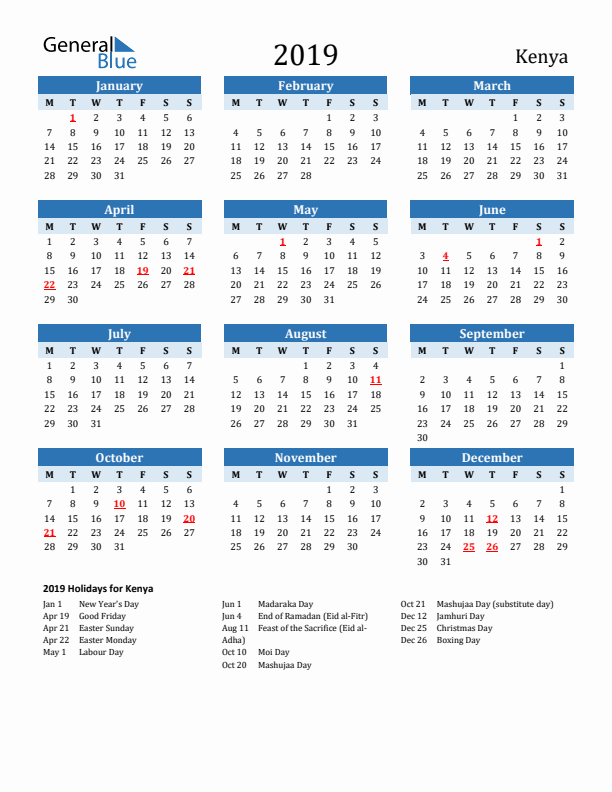 Printable Calendar 2019 with Kenya Holidays (Monday Start)