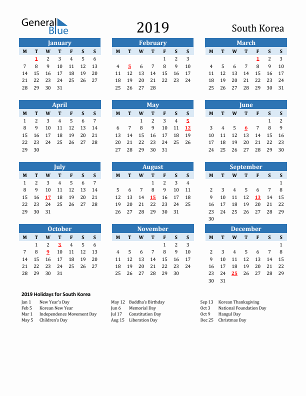 Printable Calendar 2019 with South Korea Holidays (Monday Start)