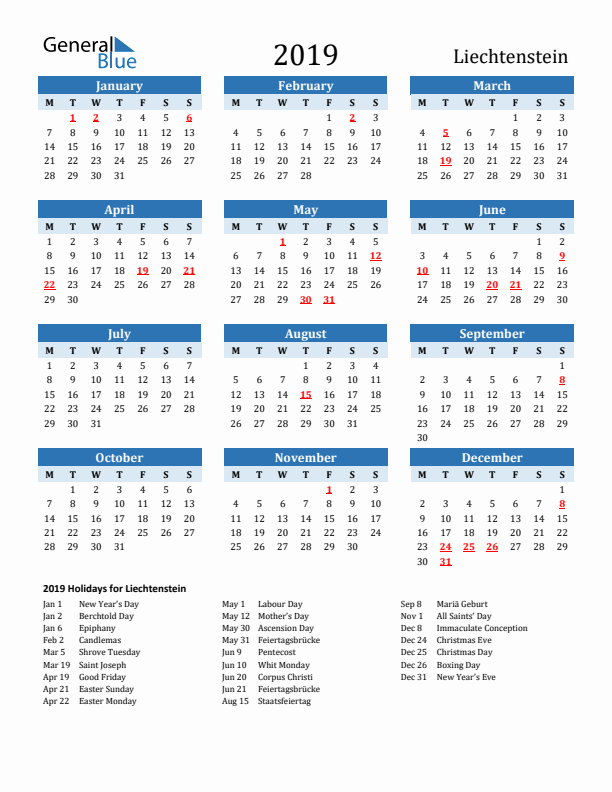 Printable Calendar 2019 with Liechtenstein Holidays (Monday Start)