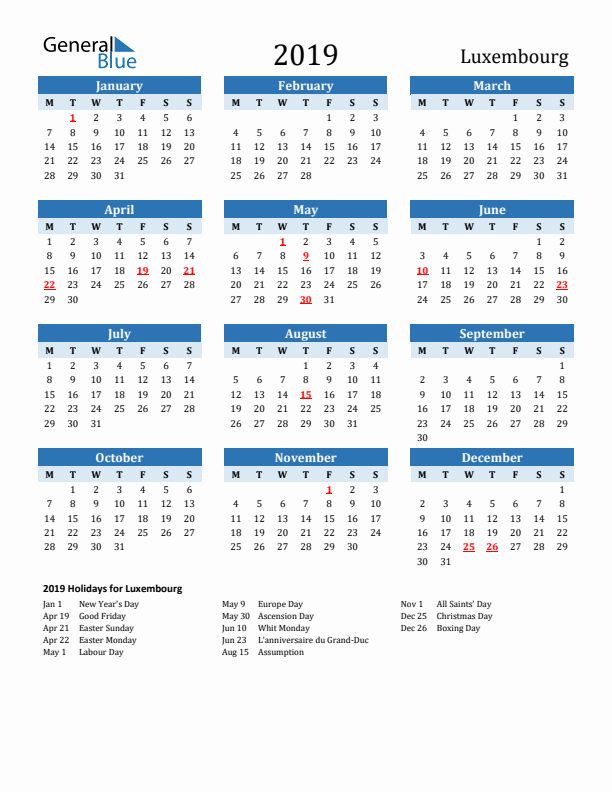 Printable Calendar 2019 with Luxembourg Holidays (Monday Start)