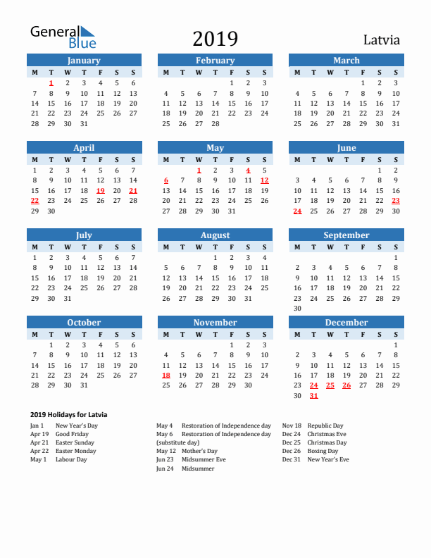 Printable Calendar 2019 with Latvia Holidays (Monday Start)