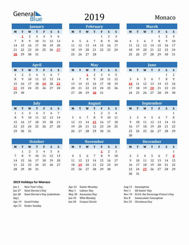 Printable Calendar 2019 with Monaco Holidays (Monday Start)