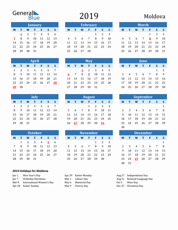 Printable Calendar 2019 with Moldova Holidays (Monday Start)