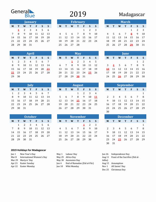Printable Calendar 2019 with Madagascar Holidays (Monday Start)