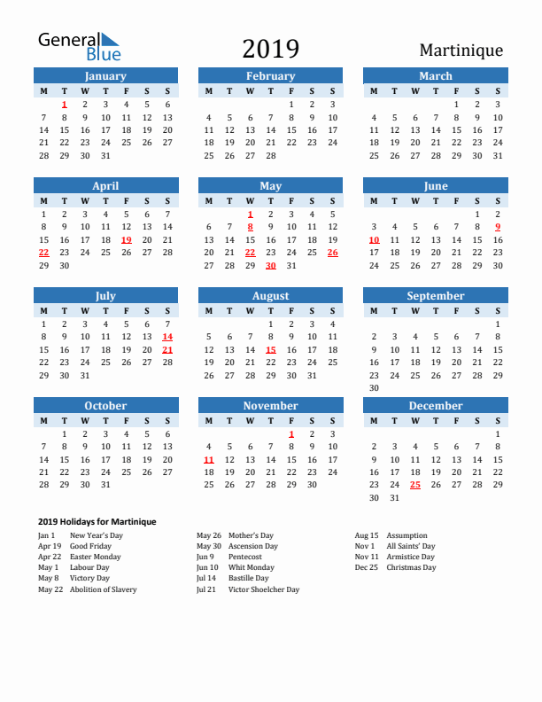 Printable Calendar 2019 with Martinique Holidays (Monday Start)