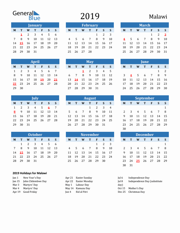 Printable Calendar 2019 with Malawi Holidays (Monday Start)