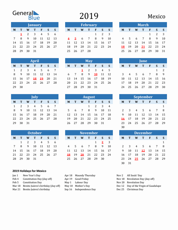 Printable Calendar 2019 with Mexico Holidays (Monday Start)