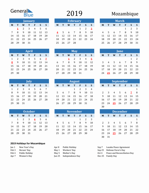 Printable Calendar 2019 with Mozambique Holidays (Monday Start)