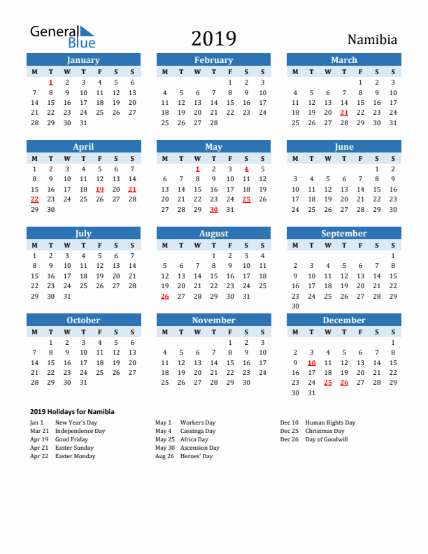 Printable Calendar 2019 with Namibia Holidays (Monday Start)