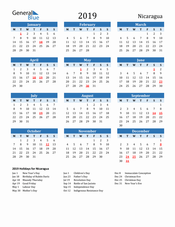 Printable Calendar 2019 with Nicaragua Holidays (Monday Start)